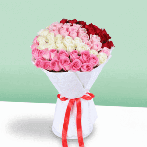Bouquet of red, pink, and white roses in a premium white wrap, finished with a ribbon.