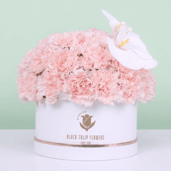 A white box filled with pink carnations finished with a white orchid accent.