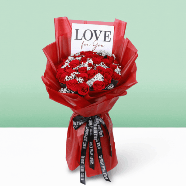 Red floral bouquet with roses and gypso, wrapped in Korean-style sheets, including a “Love for You” signature card