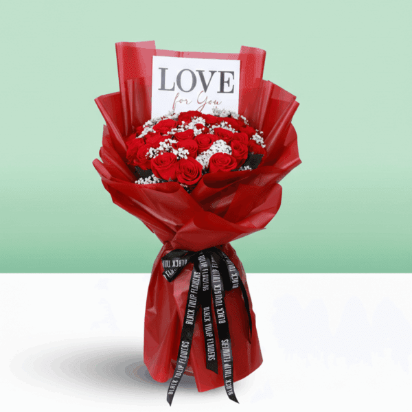 Red floral bouquet with roses and gypso, wrapped in Korean-style sheets, including a “Love for You” signature card