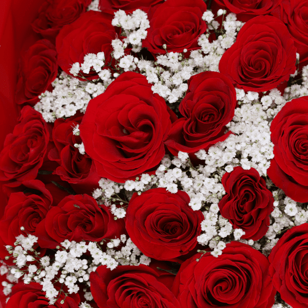 Red floral bouquet with roses and gypso, wrapped in Korean-style sheets, including a “Love for You” signature card