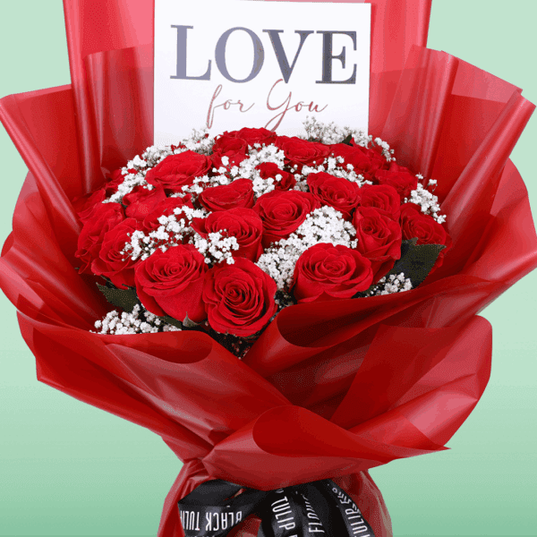 Red floral bouquet with roses and gypso, wrapped in Korean-style sheets, including a “Love for You” signature card