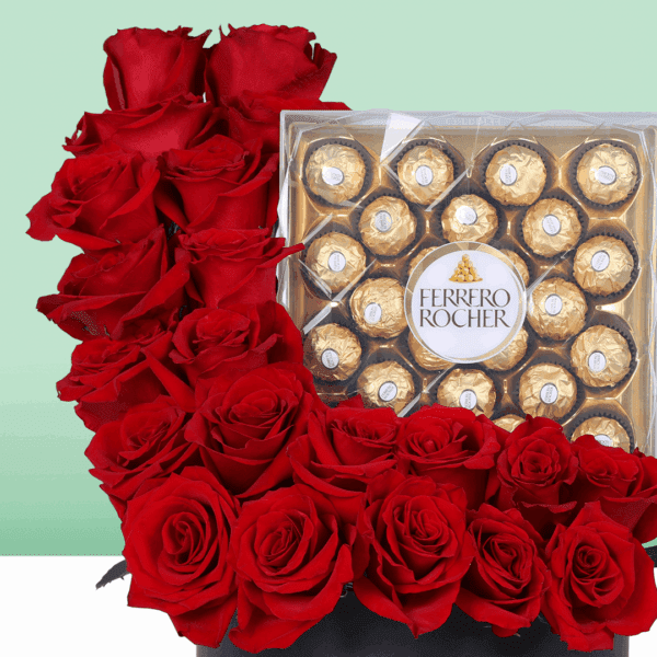 Vibrant red blooms presented in a stylish round box, paired with a chocolate surprise; an elegant gift that speaks straight from the heart.