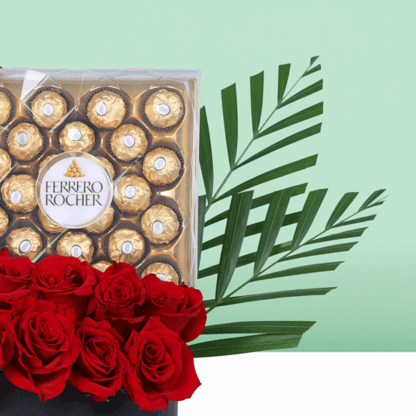 Vibrant red blooms presented in a stylish round box, paired with a chocolate surprise; an elegant gift that speaks straight from the heart.
