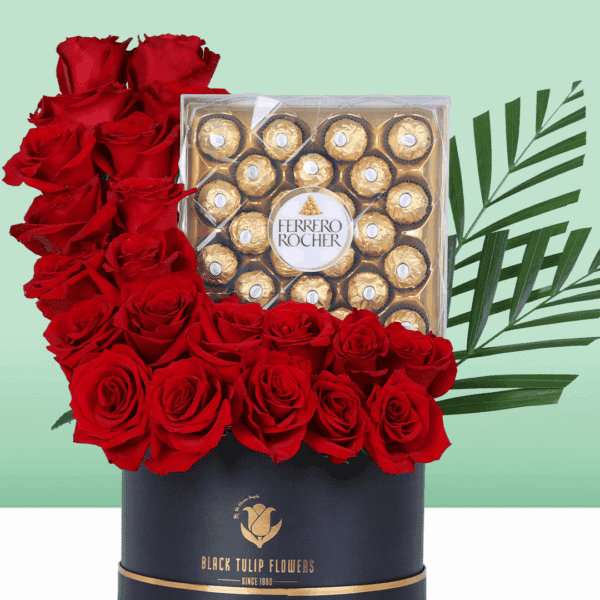 Vibrant red blooms presented in a stylish round box, paired with a chocolate surprise; an elegant gift that speaks straight from the heart.