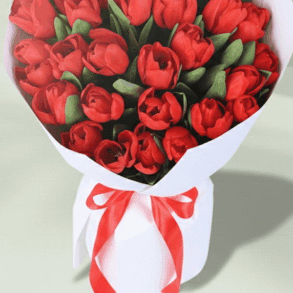 red-tulip-elegance-bouquet (2) "A vibrant bouquet of 30 red tulips, elegantly wrapped in soft non-woven paper"