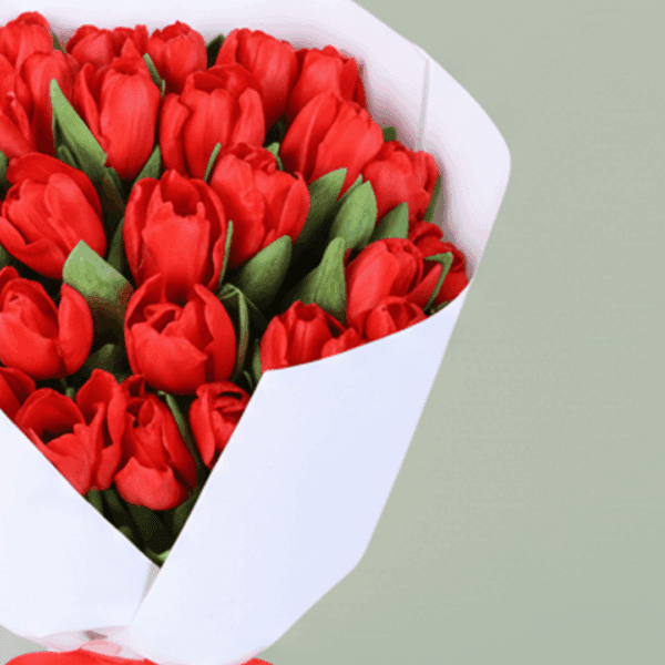 red-tulip-elegance-bouquet (4) "A vibrant bouquet of 30 red tulips, elegantly wrapped in soft non-woven paper"