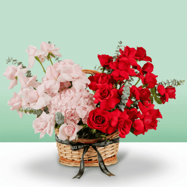 romantic_red_pink_flower_basket (5) Rectangle basket with red and pink roses, hydrangea, and eucalyptus in a soft rosy colour palette