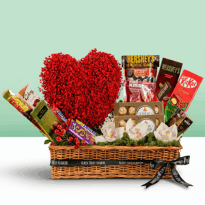 Box of red roses with 15 exotic chocolates arranged neatly in a rectangle basket with a bow tied.