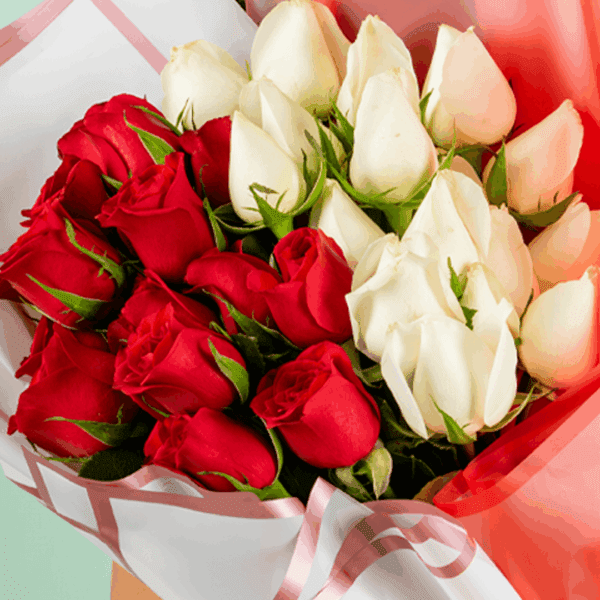 Bouquet of 40 red and white roses wrapped in dual colour Korean-style sheets
