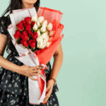 Bouquet of 40 red and white roses wrapped in dual colour Korean-style sheets