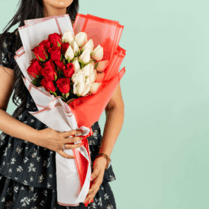 Bouquet of 40 red and white roses wrapped in dual colour Korean-style sheets