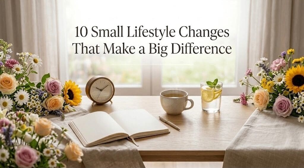 Visual guide highlighting 10 simple lifestyle adjustments that lead to meaningful improvements in health and happiness.