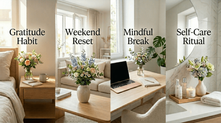 A well-furnished bedroom with a bed, a desk, a mirror, and a colorful flower adding a touch of nature.