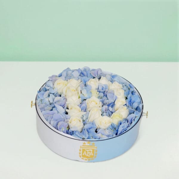 Team Argentina - Messi Fan Edition floral box with blue and white flowers inspired by Argentina football colors, arranged in a luxury fan-themed flower box for Messi supporters.