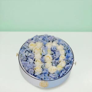 Team Argentina - Messi Fan Edition floral box with blue and white flowers inspired by Argentina football colors, arranged in a luxury fan-themed flower box for Messi supporters.