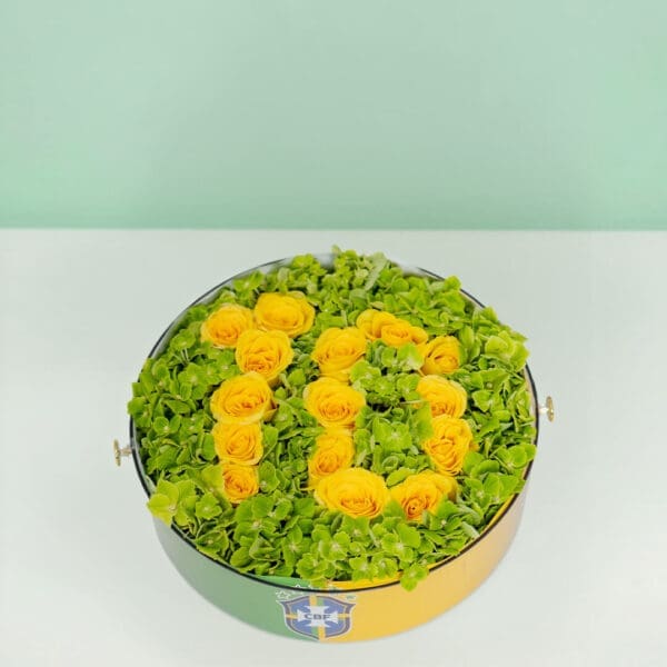 Team Brazil - Neymar Fan Edition floral box with vibrant yellow flowers, green accents, and football-inspired arrangement celebrating Brazil team spirit and Neymar fandom.