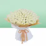 A bouquet of 100 fresh white roses beautifully arranged in a white sheet with a satin ribbon for elegant gifting and special occasions.