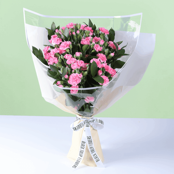 Beautifully hand-crafted 20 stem red carnation bouquet layered with fresh green leaves and wrapped in non woven paper.