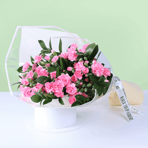 Beautifully hand-crafted 20 stem red carnation bouquet layered with fresh green leaves and wrapped in non woven paper.