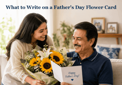 Person writing a meaningful Father's Day message on a flower card next to a colorful bouquet