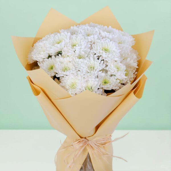 A beautiful gathering of 10 fresh white chrysanthemums arranged in a stylish floral wrap.