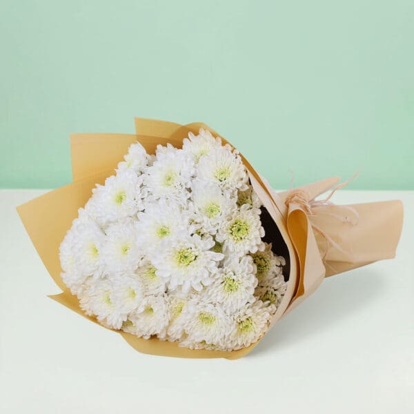 A beautiful gathering of 10 fresh white chrysanthemums arranged in a stylish floral wrap.