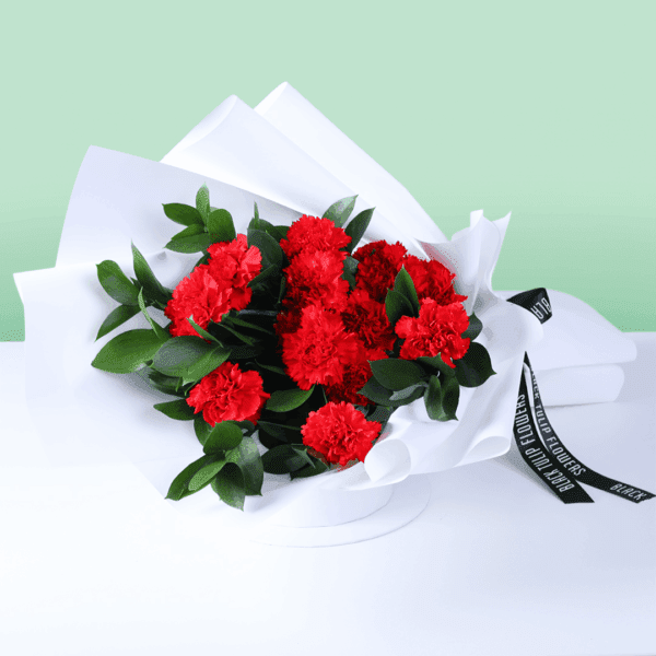 Beautifully hand-crafted 20 stem red carnation bouquet layered with fresh green leaves and wrapped in non woven paper.