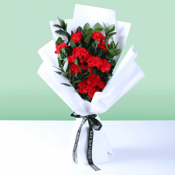Beautifully hand-crafted 20 stem red carnation bouquet layered with fresh green leaves and wrapped in non woven paper.