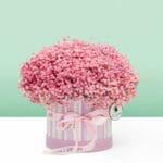Luxury pink baby's breath flower box showcasing delicate gypsophila blooms artistically presented in a premium round box.