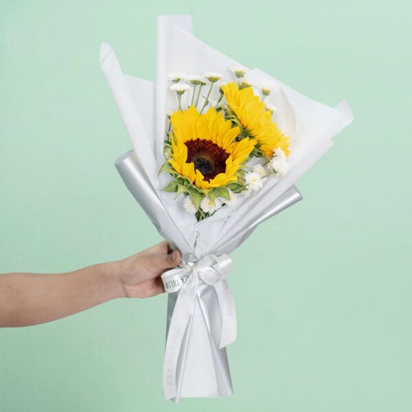 4-stem floral bouquet with sunflowers and chrysanthemums beautifully arranged in a stylish white Korean wrap with white satin.