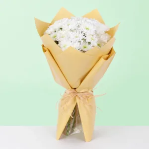 A beautiful gathering of 10 fresh white chrysanthemums arranged in a stylish floral wrap.