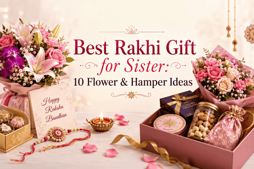 Best Rakhi gift for sister with fresh flower bouquet and Rakhi celebration